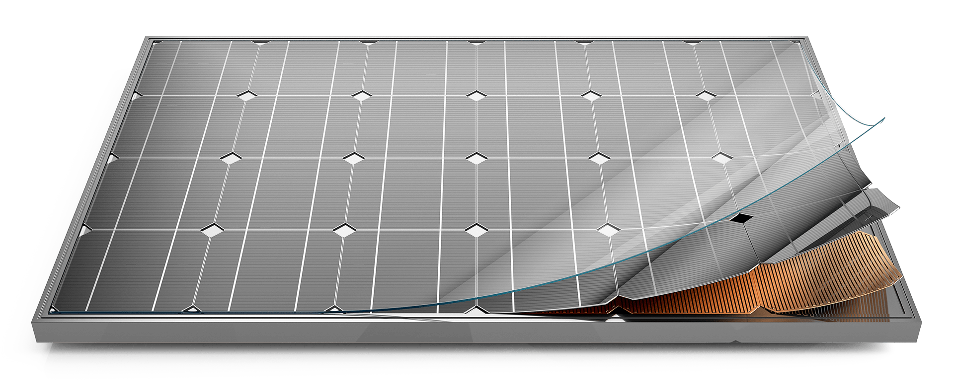 Ein offenes Solarmodul, bei dem die einzelnen Schichten zu sehen sind.